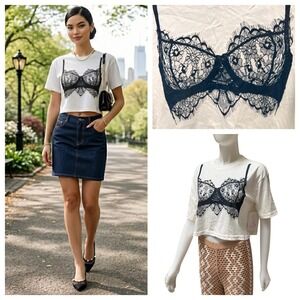 New Lace Bralette Graphic Crop Top White Sz M Y2K Coquette Parisian Chic NWT